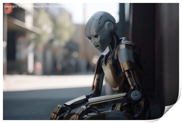 A homeless AI robot sitting on a street corner begging for a few Print by Michael Piepgras