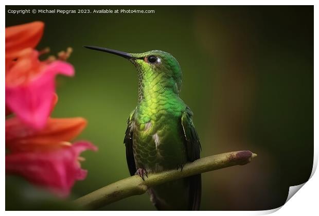 Portrait of a Green Hummingbird on a Flower created with generat Print by Michael Piepgras