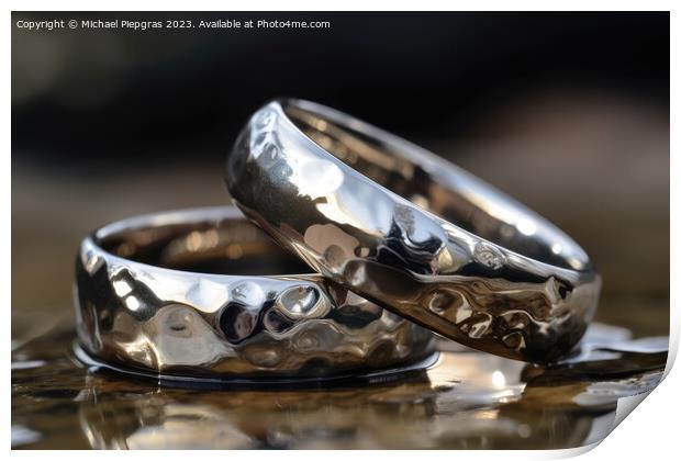 Two wedding rings made of liquid mercury created with generative Print by Michael Piepgras