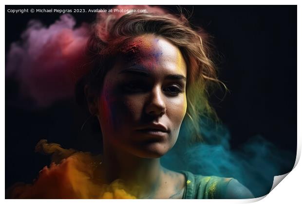 Exploding colour powder in rainbow colours forming a portrait of Print by Michael Piepgras