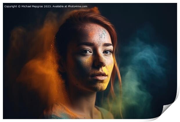 Exploding colour powder in rainbow colours forming a portrait of Print by Michael Piepgras