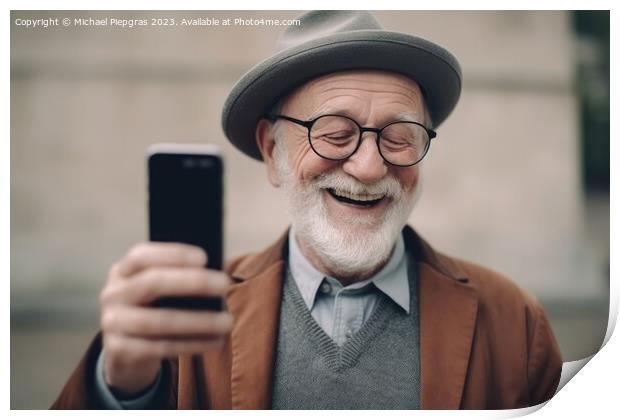 A happy retired old man holding a smartphone in his hands create Print by Michael Piepgras
