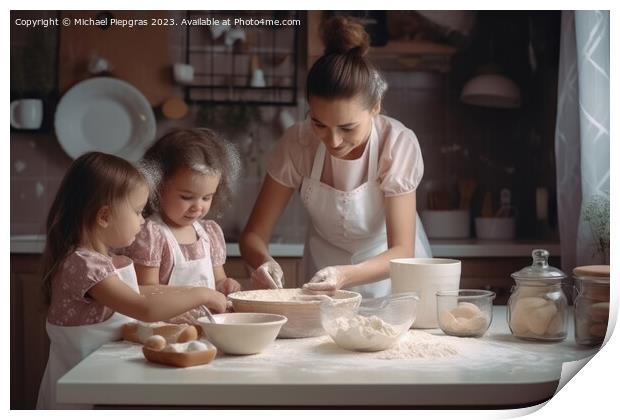 A mother baking with children in bright kitchen created with gen Print by Michael Piepgras