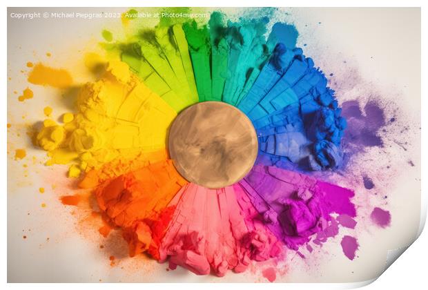 A color Wheel with goethe colors exploding in colorful powder on Print by Michael Piepgras