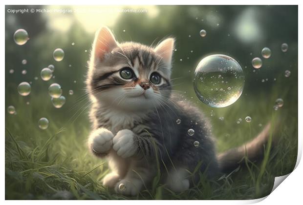 A cute kitten plays with soap bubbles in the flat grass created with generative AI technology. Print by Michael Piepgras