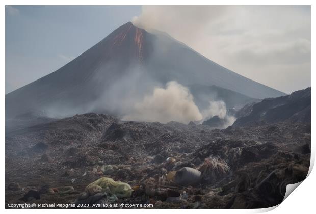 A large volcano and a huge amount of plastic waste on the landsc Print by Michael Piepgras
