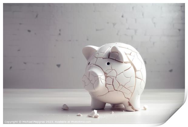 A sad piggy bank with cracks and a plaster indicates insolvency  Print by Michael Piepgras