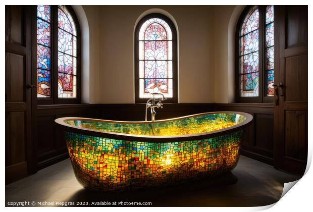 A stained glass bathtub created with generative AI technology. Print by Michael Piepgras