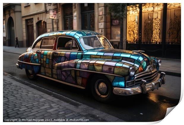 A stained glass vintage car on an empty street created with generative AI technology Print by Michael Piepgras