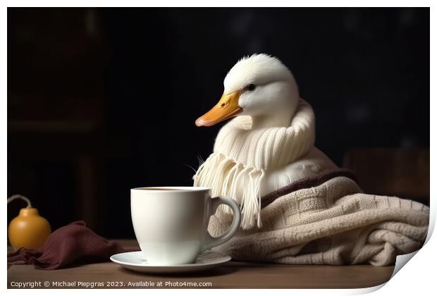 A white duck wearing a scarf and having a coffee created with ge Print by Michael Piepgras