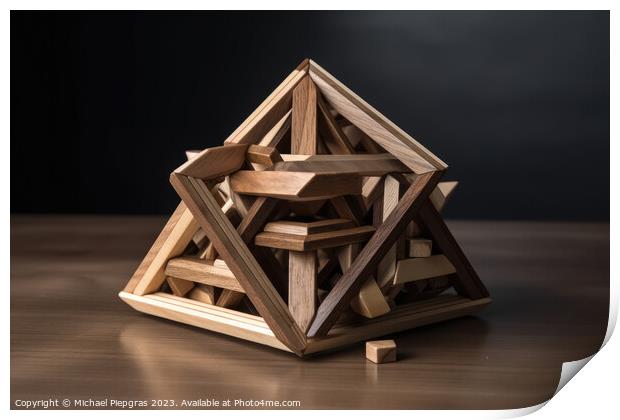 An impossible geometric puzzle made of wood create by generative Print by Michael Piepgras