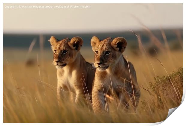 Two cute lion cubs playing in the flat grass of the savannah cre Print by Michael Piepgras