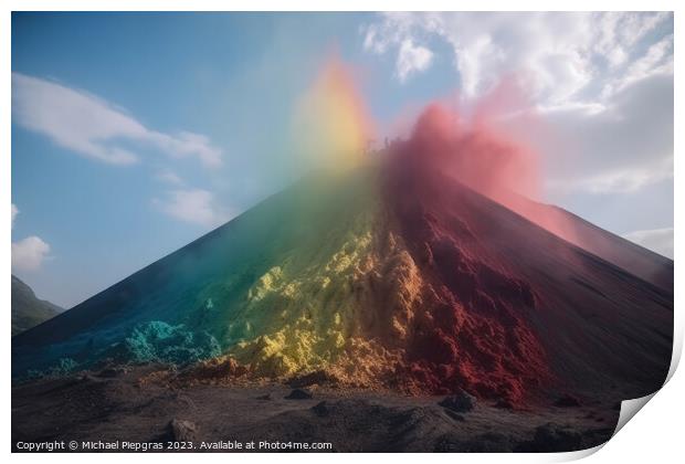 A huge volcano seen from far away erupting rainbow colored colou Print by Michael Piepgras