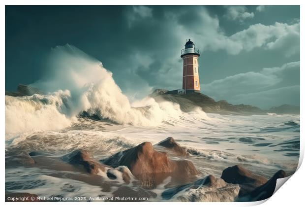 A beach with huge waves on the cliffs created with generative AI Print by Michael Piepgras