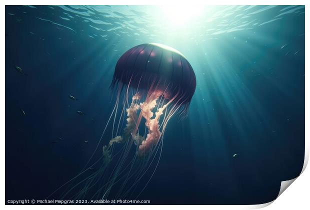 Realistic jellyfish in the depths of the ocean with lightbeams f Print by Michael Piepgras