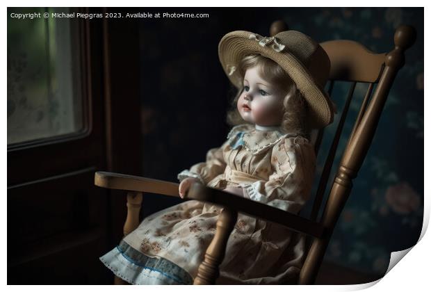 A beautiful vintage porcelain doll sitting on a rocking chair cr Print by Michael Piepgras