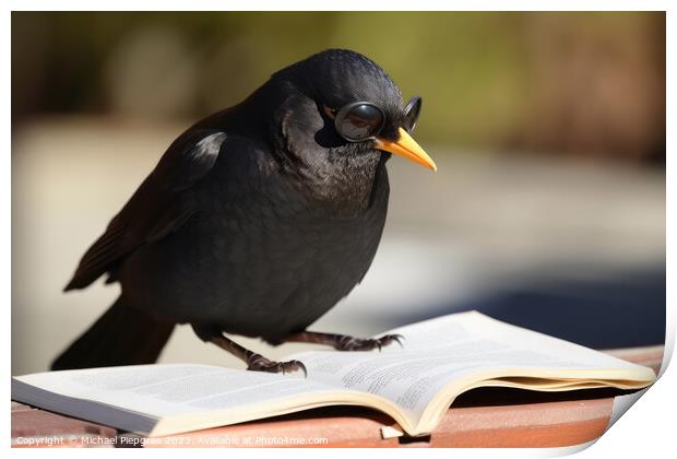 A blackbird wearing sunglasses and reading a book created with g Print by Michael Piepgras