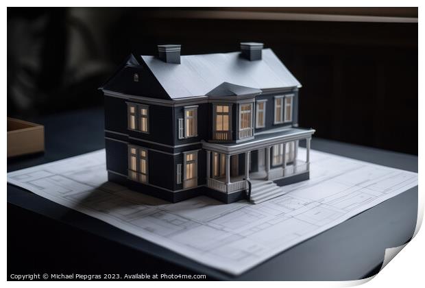 A blueprint of a residential house on a desk with a model of the Print by Michael Piepgras