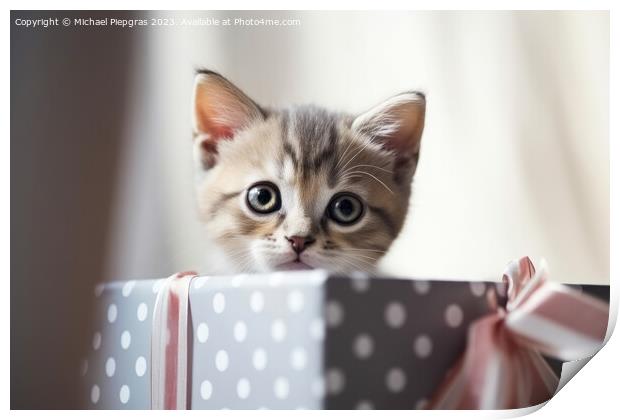 A cute kitten looking out of a present box created with generati Print by Michael Piepgras