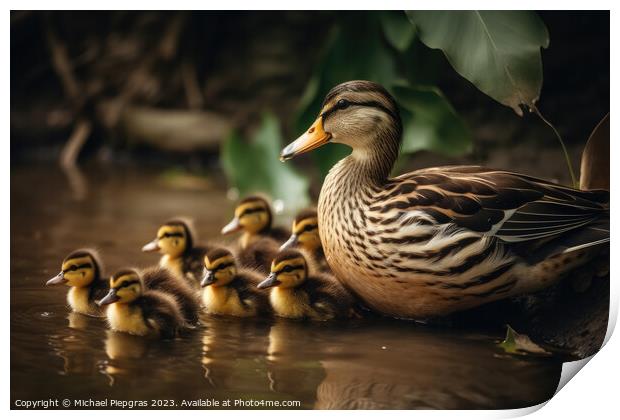 A duck mother with a lot of ducklings created with generative AI Print by Michael Piepgras