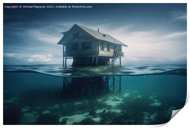 A house on the ground of the ocean under water created with gene Print by Michael Piepgras