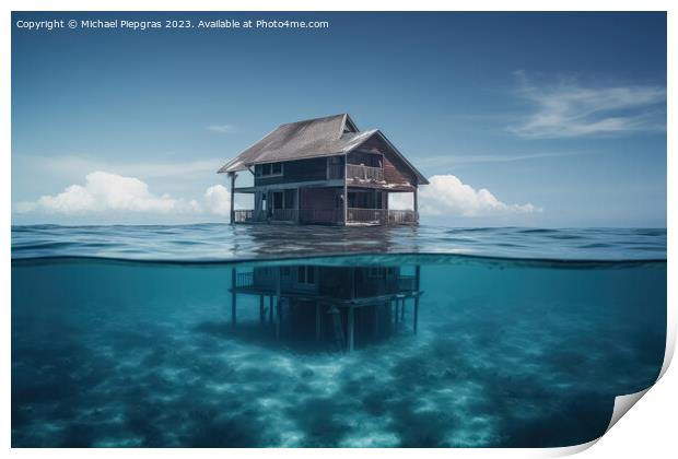 A house on the ground of the ocean under water created with gene Print by Michael Piepgras