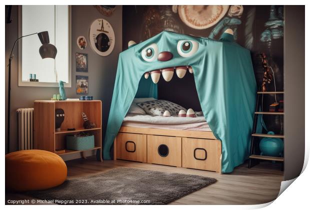 A kids bedroom with a monster bed created with generative AI tec Print by Michael Piepgras