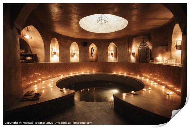 A luxury spa area with a huge bathtub and candle light created w Print by Michael Piepgras