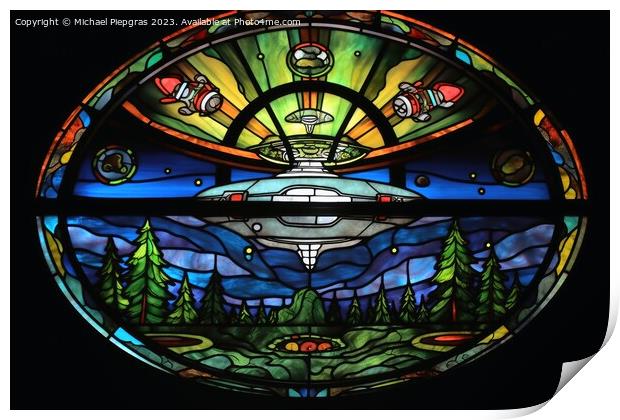 A stained glass scene of a UFO landing created with generative A Print by Michael Piepgras