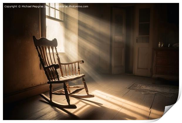An old wooden rocking chair in a dusty vintage room with light b Print by Michael Piepgras