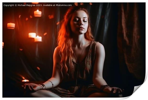 A girl in Lotus position meditating with esoteric energy created Print by Michael Piepgras