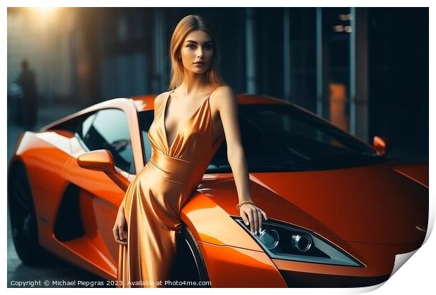 A sexy woman in an elegant dress standing next to a sports car c Print by Michael Piepgras