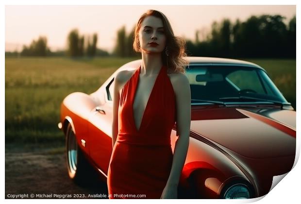 A sexy woman in an elegant dress standing next to a sports car c Print by Michael Piepgras