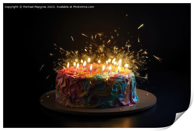 A birthday cake with lots of lights created with generative AI t Print by Michael Piepgras