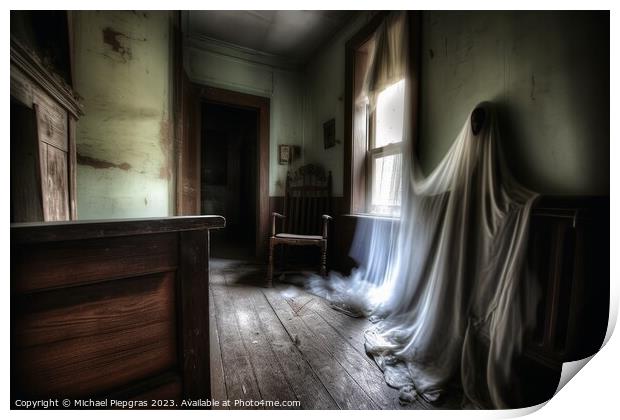 A ghostly apparition in an old run-down house created with gener Print by Michael Piepgras