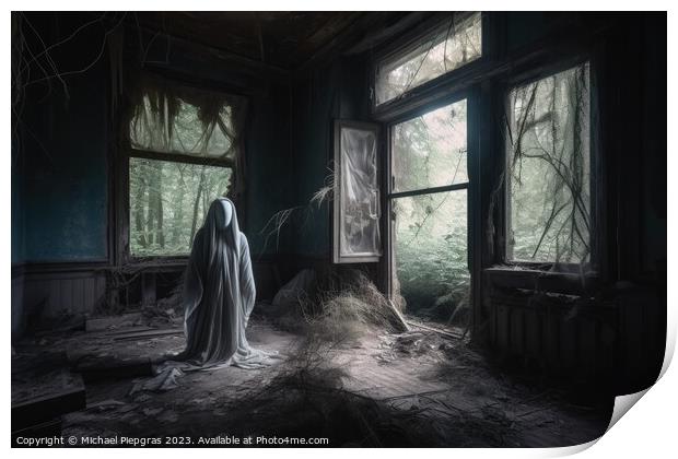 A ghostly apparition in an old run-down house created with gener Print by Michael Piepgras
