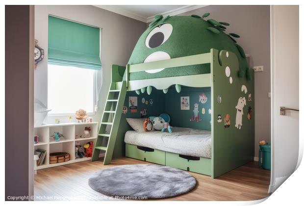 A kids bedroom with a monster bed created with generative AI tec Print by Michael Piepgras