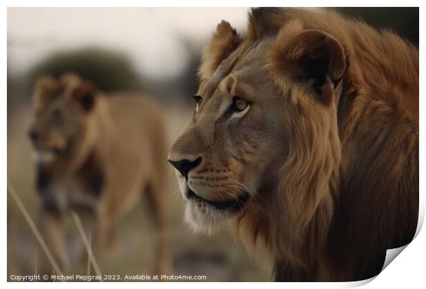 A male lion and a female lion in the background created with gen Print by Michael Piepgras
