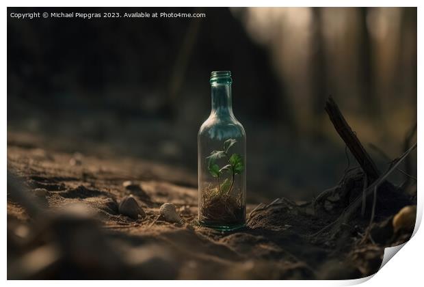 A single green seedling in a glass bottle on an apocalyptic dry  Print by Michael Piepgras