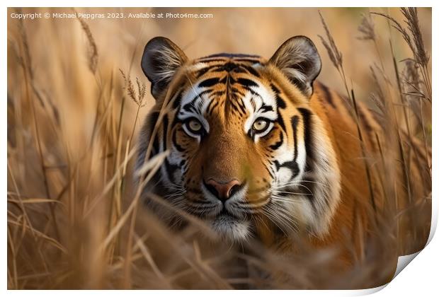 A strong tiger in the high grass at a river created with generat Print by Michael Piepgras
