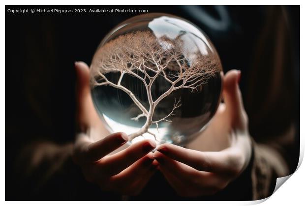 A tree inside of a glass sphere held by a female hand created wi Print by Michael Piepgras