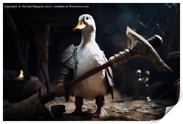 A white duck as a barbarian with a big axe and shining armour cr Print by Michael Piepgras