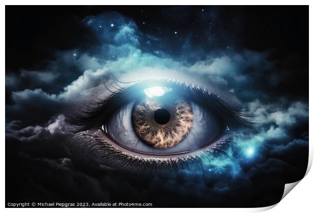 An eye made of clouds with a universe background  created with g Print by Michael Piepgras