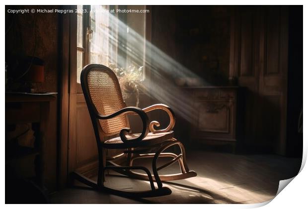 An old wooden rocking chair in a dusty vintage room with light b Print by Michael Piepgras