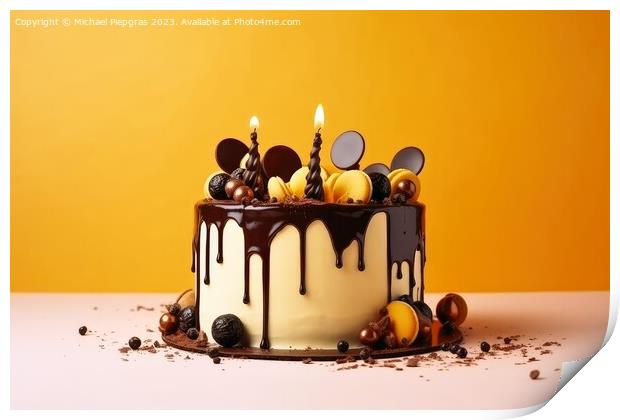Birthday cake with pouring chocolate on a yellow background crea Print by Michael Piepgras