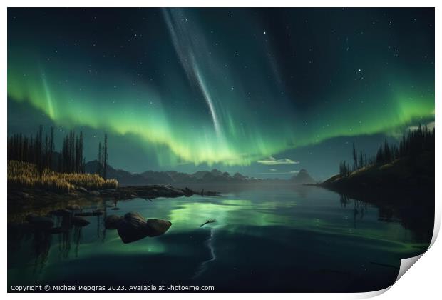 Auroras in green colour and stars over a lake with reflections o Print by Michael Piepgras