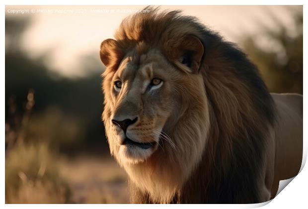 Portrait of a strong male lion with the African savanna in the b Print by Michael Piepgras
