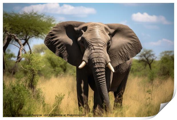 A big elephant bull in the savannah created with generative AI t Print by Michael Piepgras