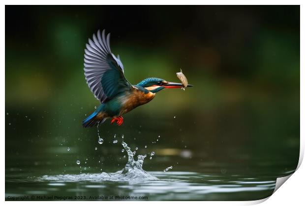 A colorful kingfisher in flight catching a fish from a lake crea Print by Michael Piepgras