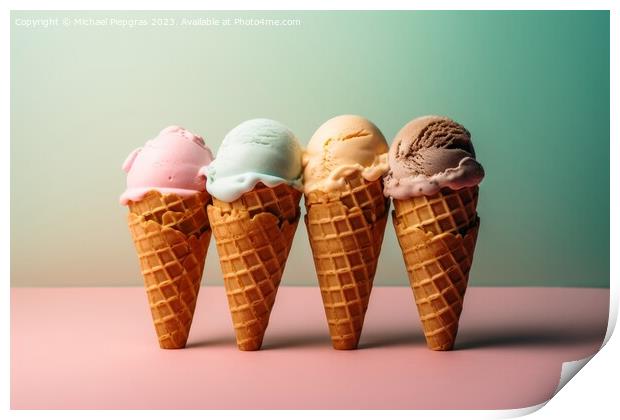 Delicious ice cream cones with several ice cream scoops against  Print by Michael Piepgras